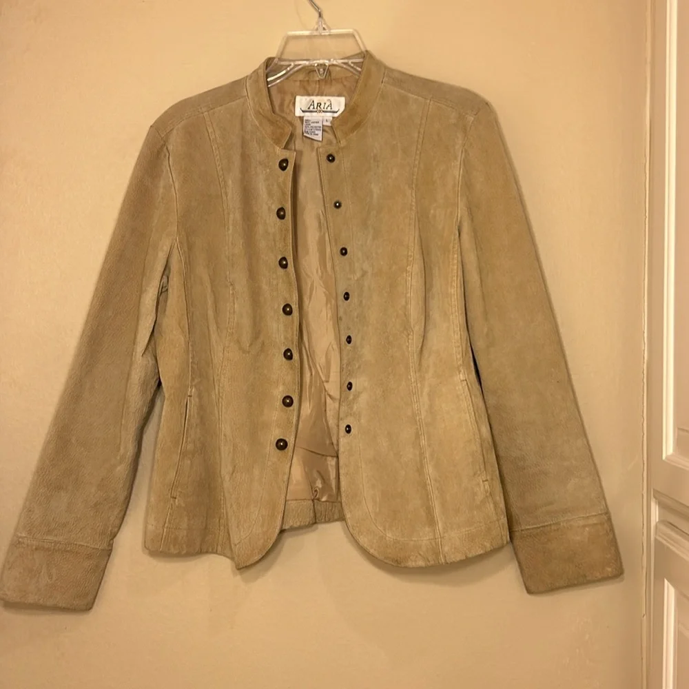 Vintage suede button down long sleeve leather beige tan jacket Aria - Picture 3 of 10